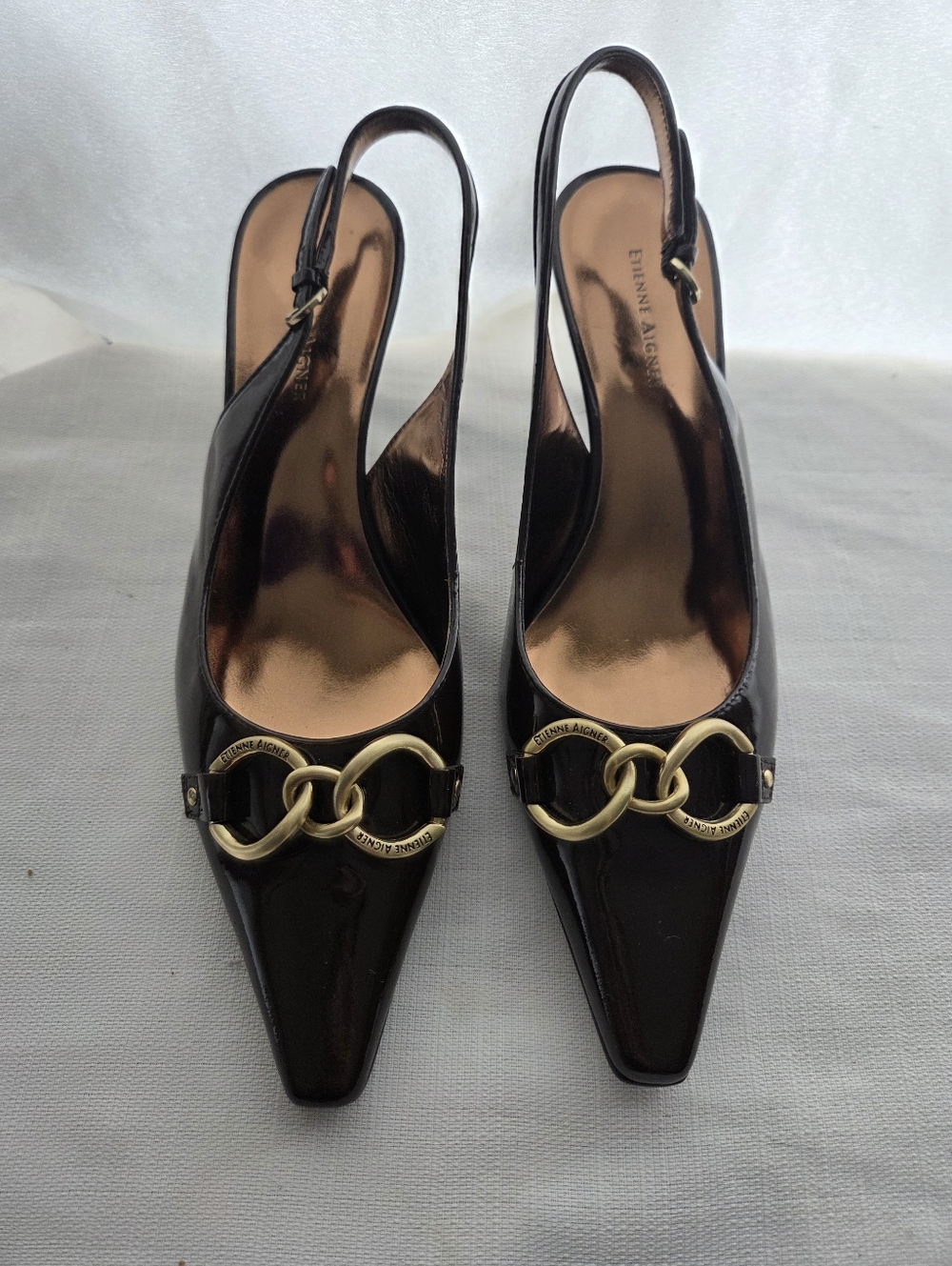 Etienne Aigner Dark Brown Patent Leather Slingback Pumps with Gold Hardware, 9W
